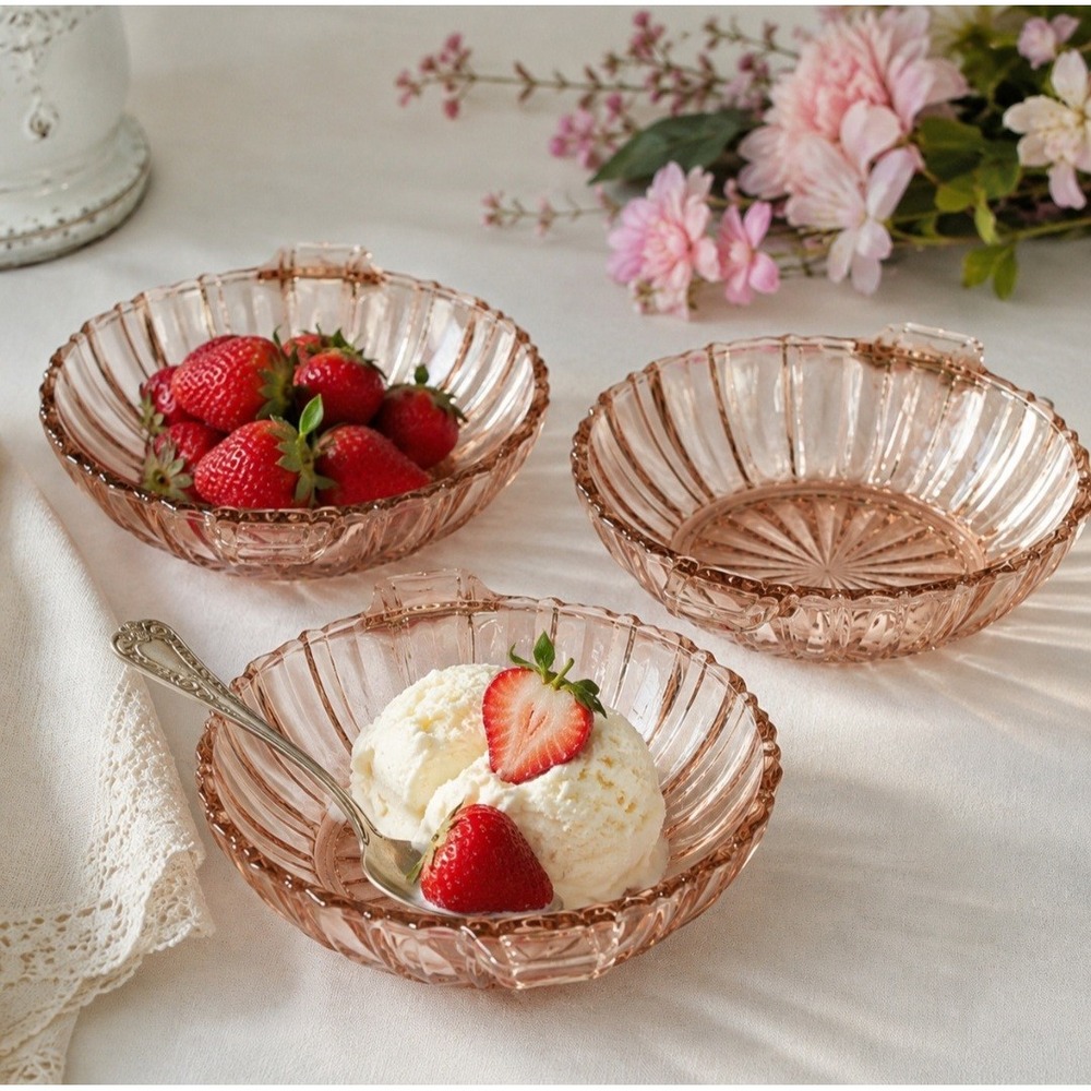 Anchor Hocking Fortune Pink Depression Glass Handled Nappy Bowls Set of 3